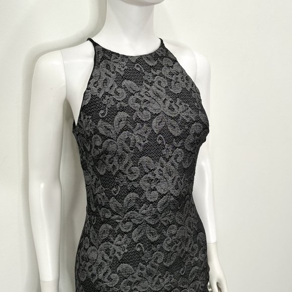 Belle Badgley Mischka Lace Overlay Back Slit Shimmer Maxi Dress Gown Black Sz 4 - Picture 5 of 16